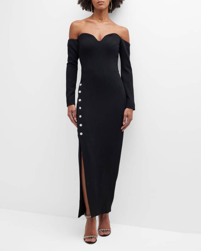 Off-Shoulder Gown w Rhinestone Detail Buttons